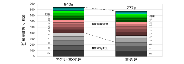 塊茎の累積重量（重い順の積み重ね棒グラフ）